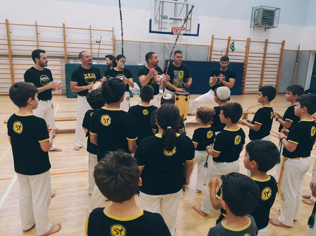 קבוצת ילדים בשיעור קפואירה לילדים בקפואירה קדימה, מתנ״ס קדימה־צורן